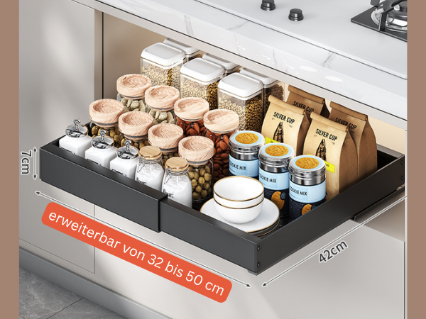 KiwiPower Teleskopschublade Küche 52 cm tief – breitenverstellbar, Weiß
