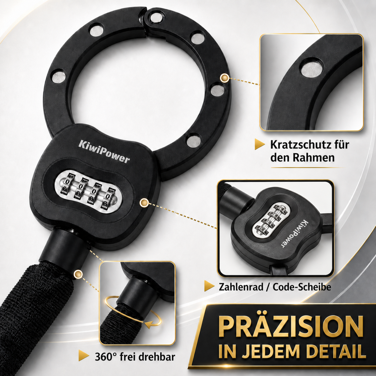 Kratzschutz für den Rahmen
360° frei drehbar
Präzise Code-Scheibe