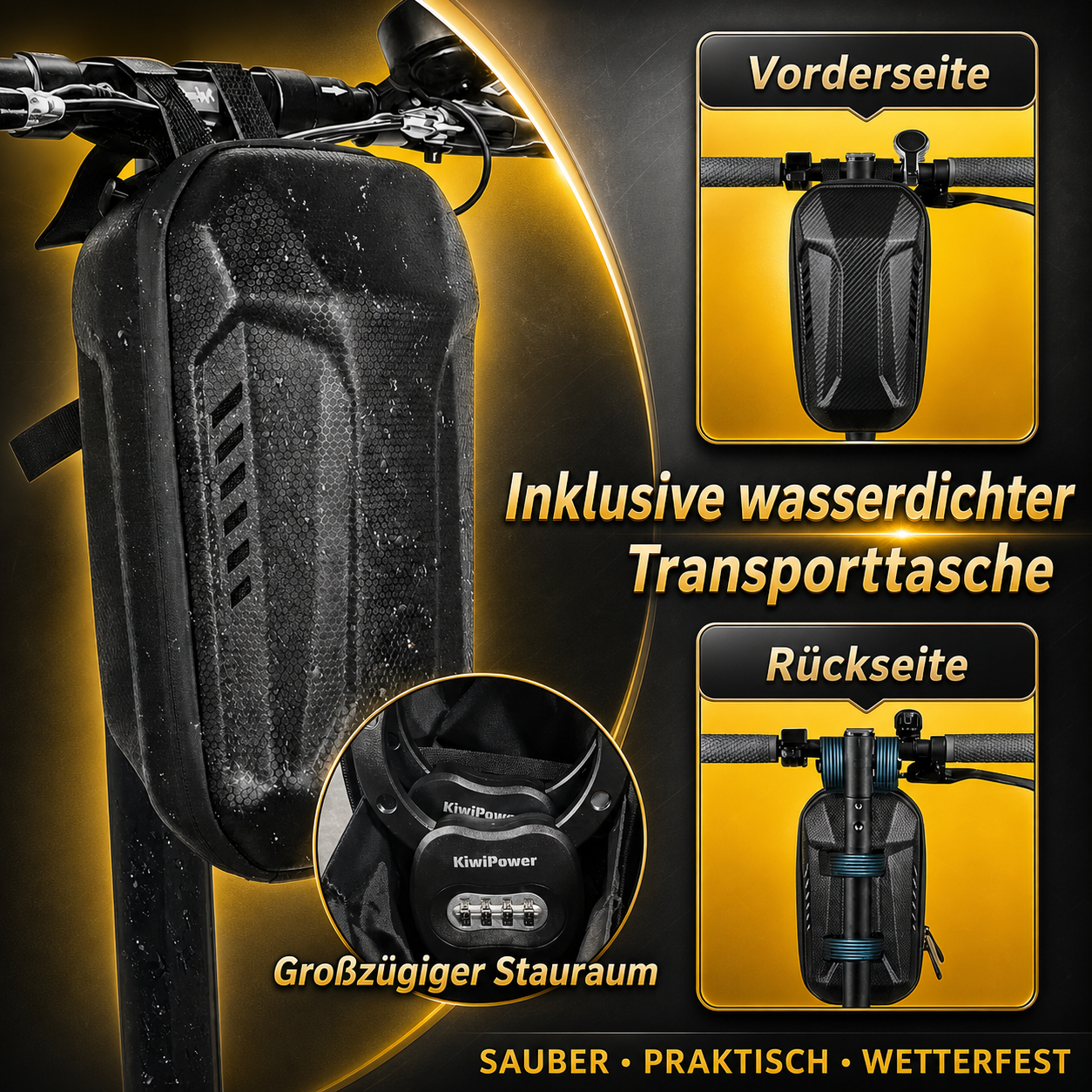 INKLUSIVE WASSERABWEISENDER TRANSPORTTASCHE
Passend für E-Scooter, Fahrrad & E-Bike