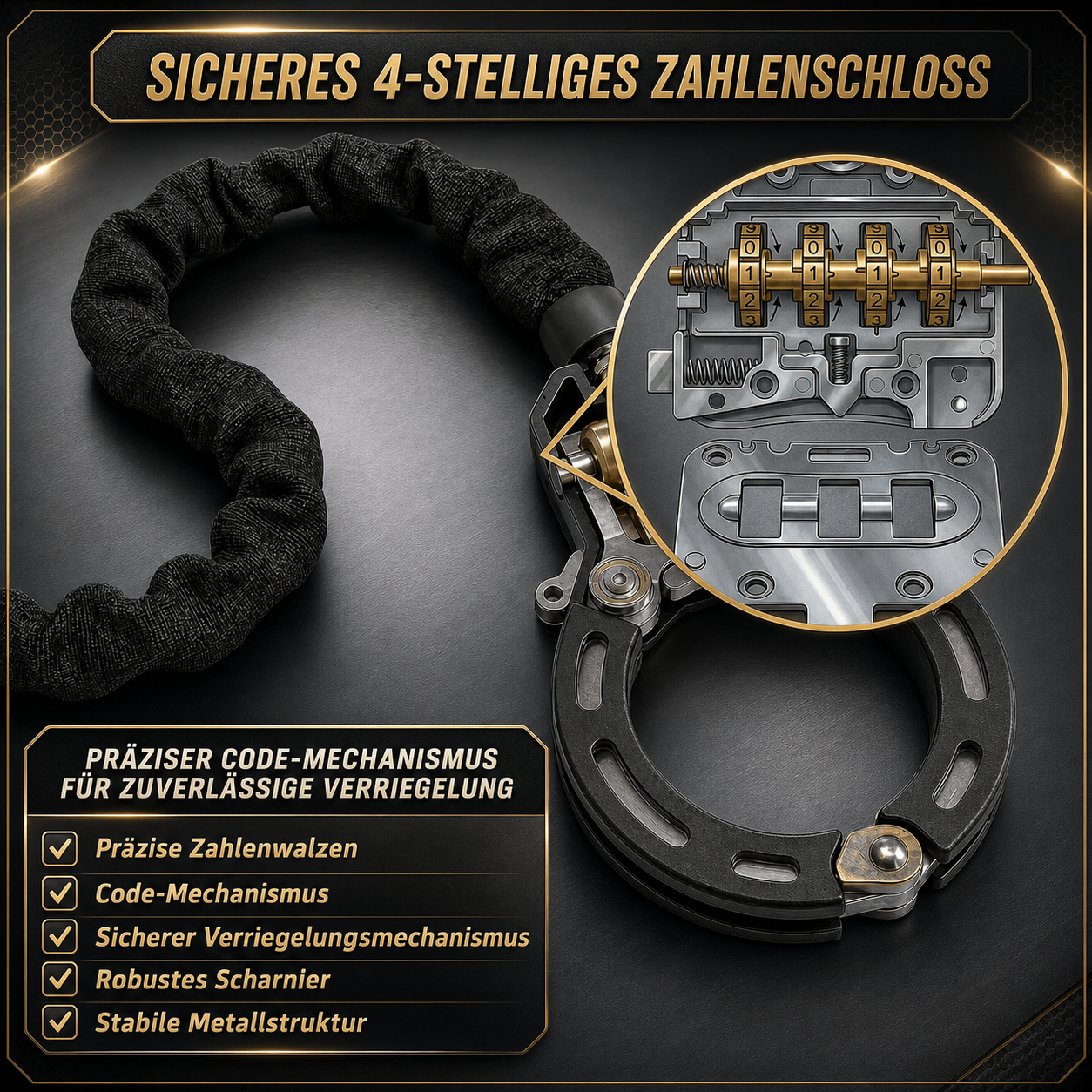 Individuell einstellbarer Code
Präzise Zahlenwalzen
Zuverlässiger Verriegelungsmechanismus