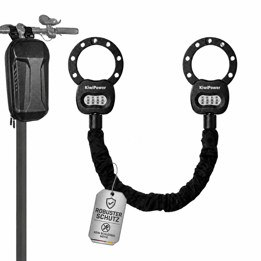 KiwiPower Schloss für E Scooter mit Zahlenschloss und Tasche, schwarzes Handschellenschloss mit 8 mm Kette und vierstelligem Code
