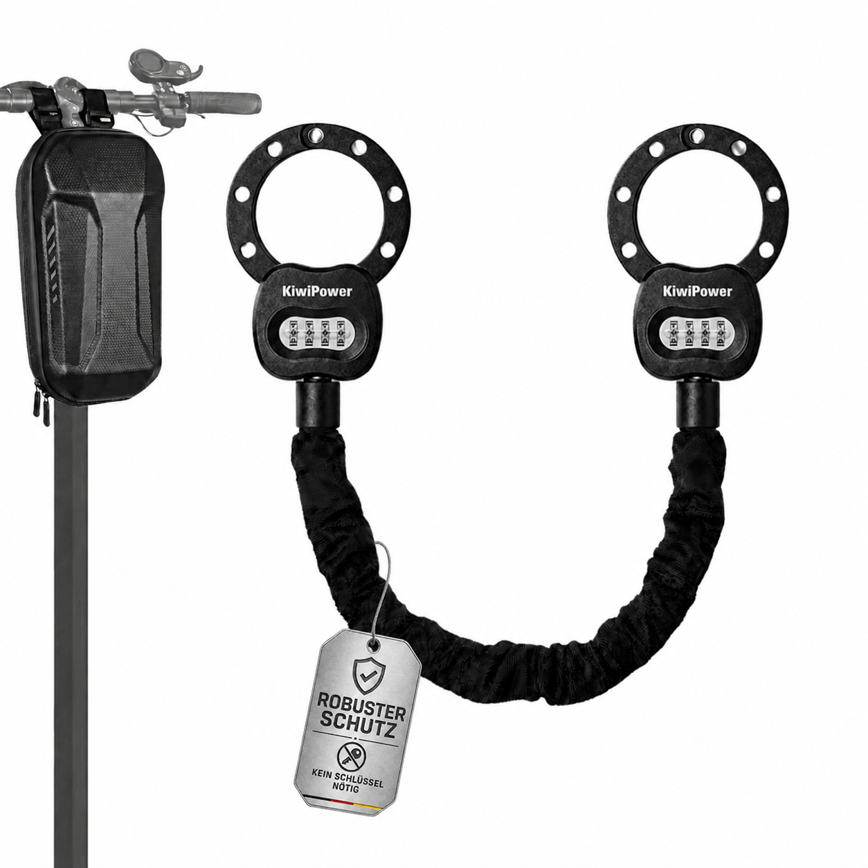KiwiPower Schloss für E Scooter mit Zahlenschloss und Tasche, schwarzes Handschellenschloss mit 8 mm Kette und vierstelligem Code
