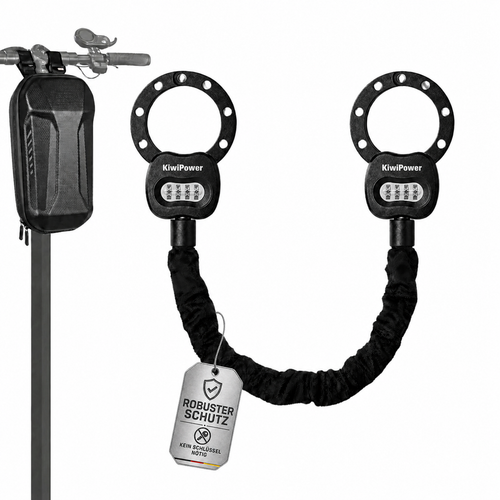 KiwiPower Schloss für E Scooter mit Zahlenschloss und Tasche, schwarzes Handschellenschloss mit 8 mm Kette und vierstelligem Code
